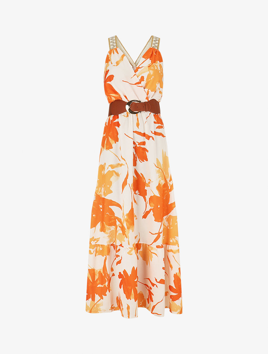 Robe longue élastiquée imprimé abstrait - Orange - 1