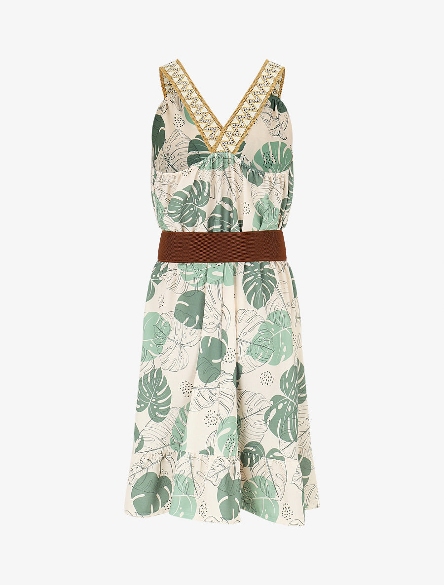 Robe mi-longue élastiquée imprimé feuilles - Kaki - 2