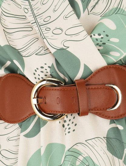 Robe mi-longue élastiquée imprimé feuilles - Kaki - 3