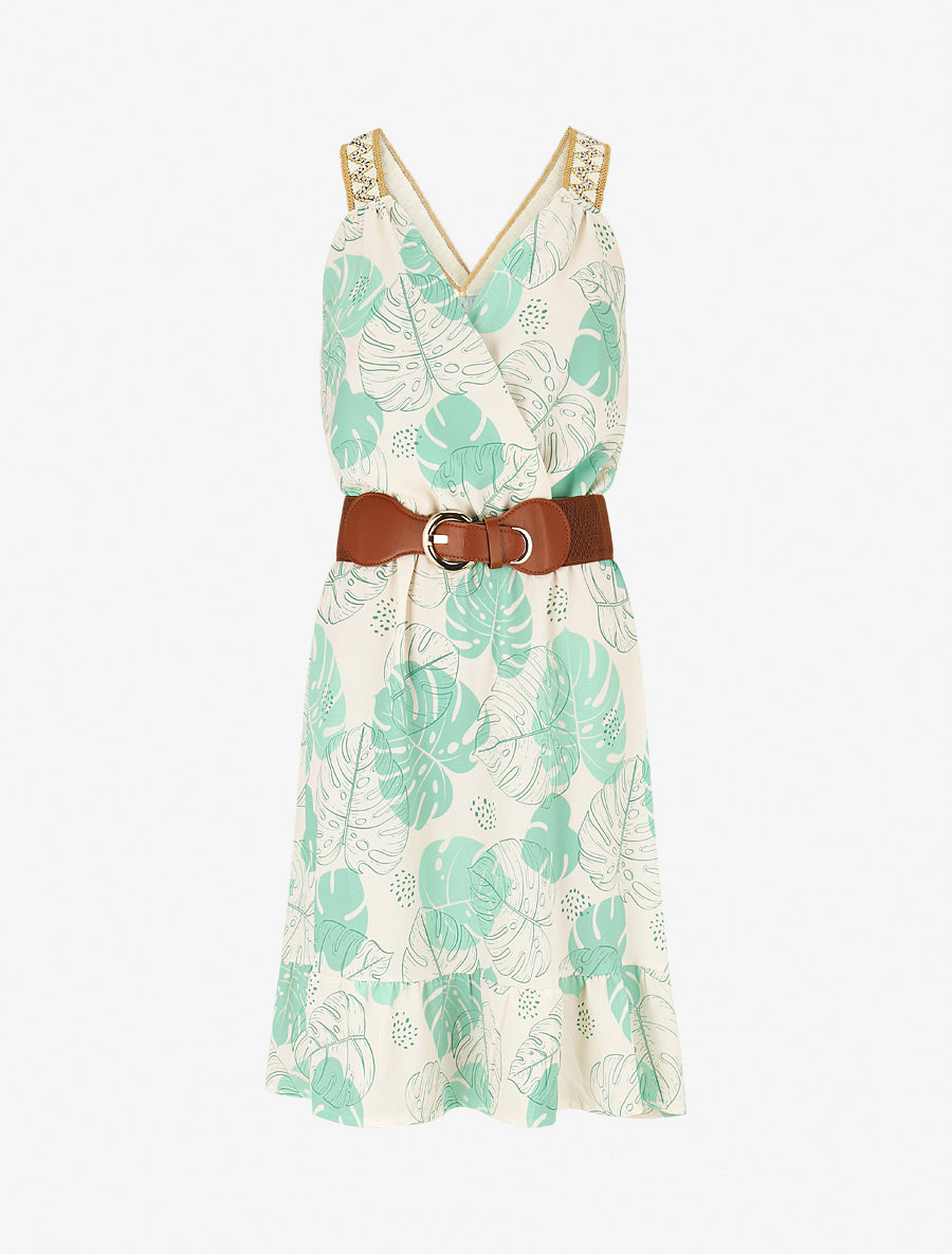 Robe mi-longue élastiquée imprimé feuilles - Vert menthe - 1