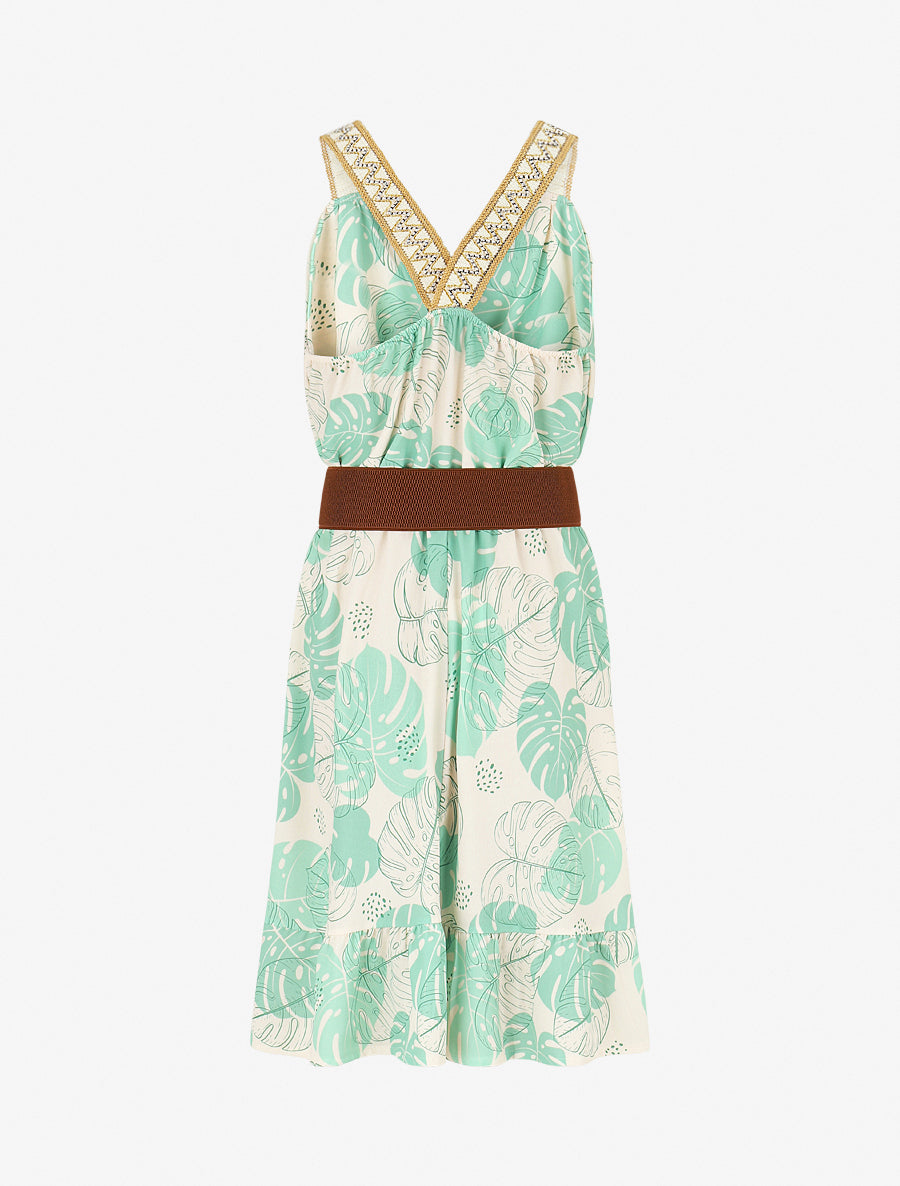 Robe mi-longue élastiquée imprimé feuilles - Vert menthe - 2