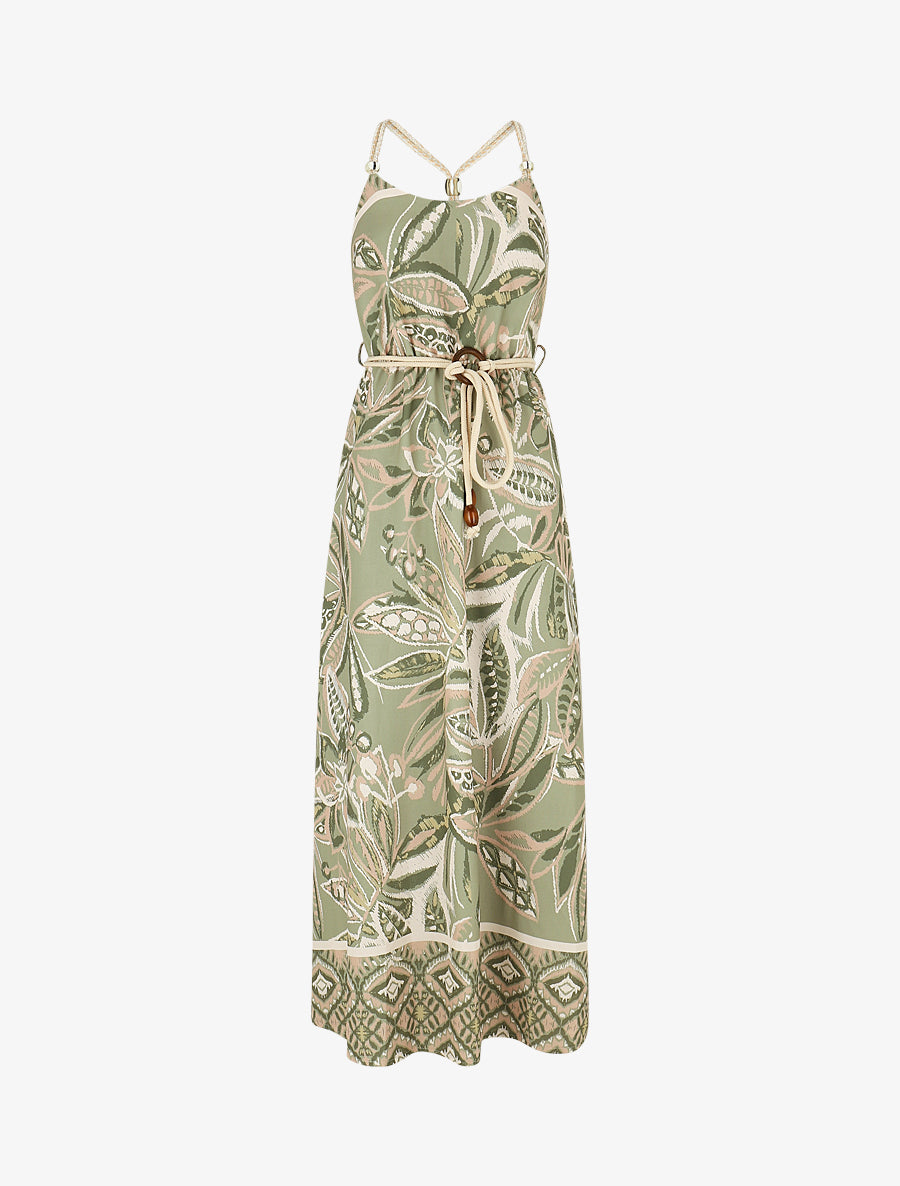 Robe longue imprimé fleurs tropicales à bretelles en corde - Vert olive - 1