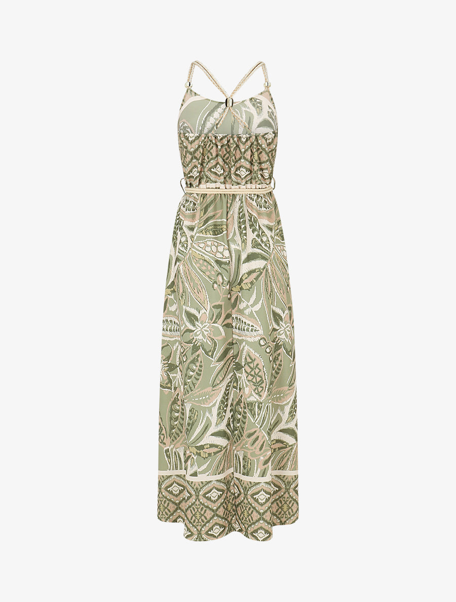 Robe longue imprimé fleurs tropicales à bretelles en corde - Vert olive - 2