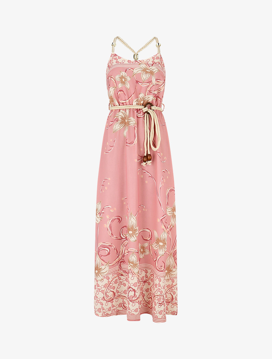 Robe longue imprimé floral à bretelles en corde - Rose - 1