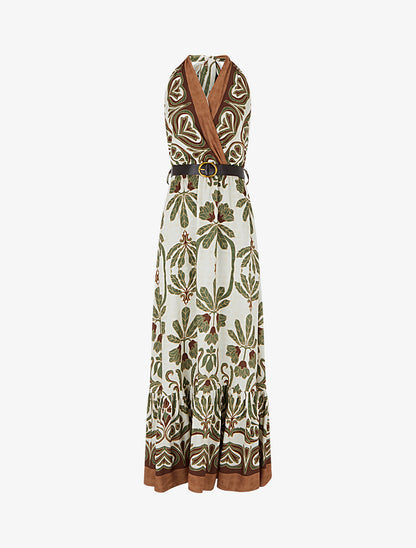 Robe longue élastiquée à nouer à la nuque - Kaki - 1