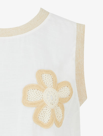 Top droit sans manches à fleur brodée - Blanc - 3