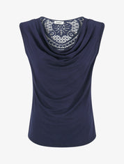 Mouwloze top met watervalhals en kanten rug - Marine