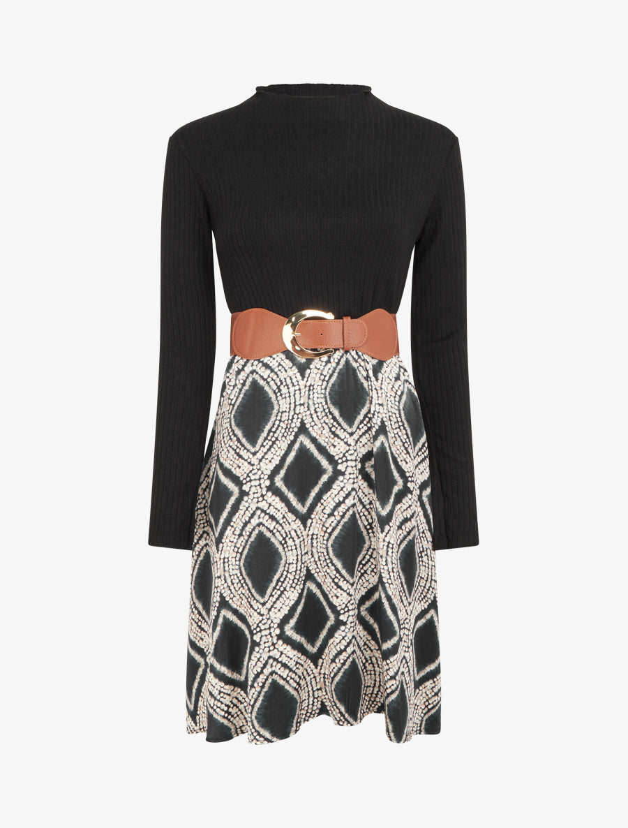 Robe évasée bi-matière imprimé fantaisie - Noir - 1