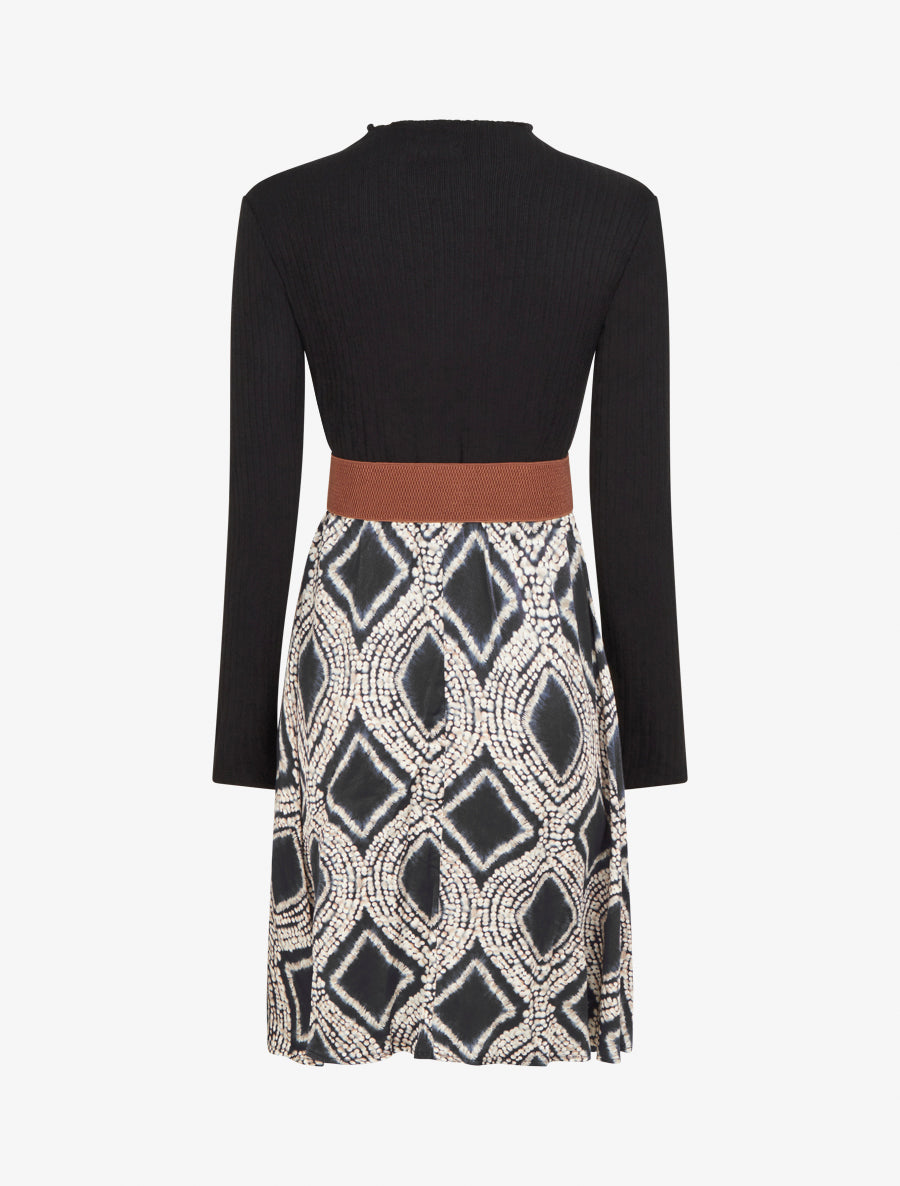 Robe évasée bi-matière imprimé fantaisie - Noir - 2