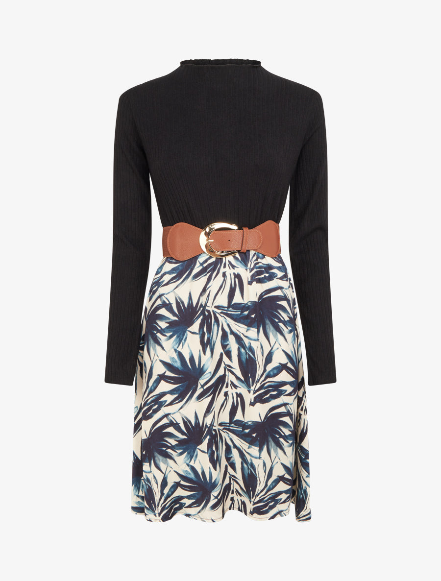 Robe évasée bi-matière imprimé feuilles - Marine - 1