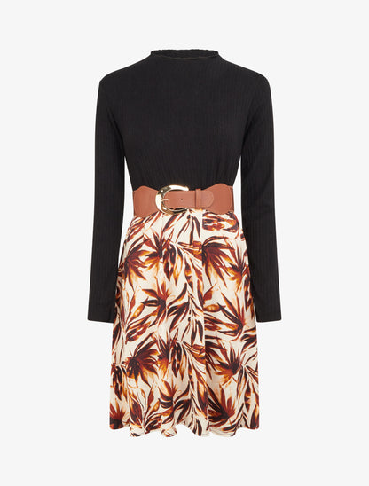 Robe évasée bi-matière imprimé feuilles - Marron - 1