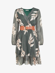 Robe patineuse en voile imprimé feuilles - Kaki - 1