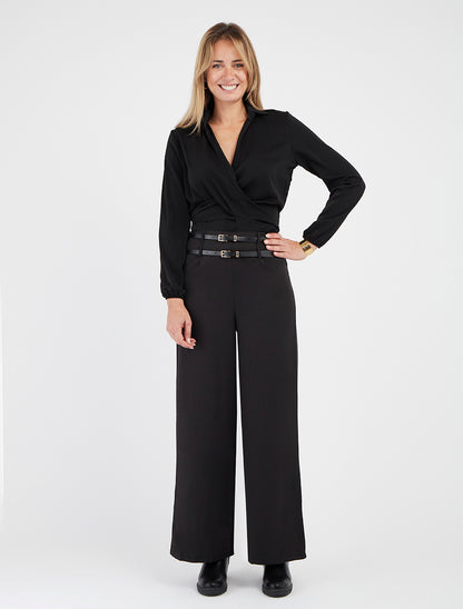 Effen en satijnen cache-coeur crop-top - Zwart