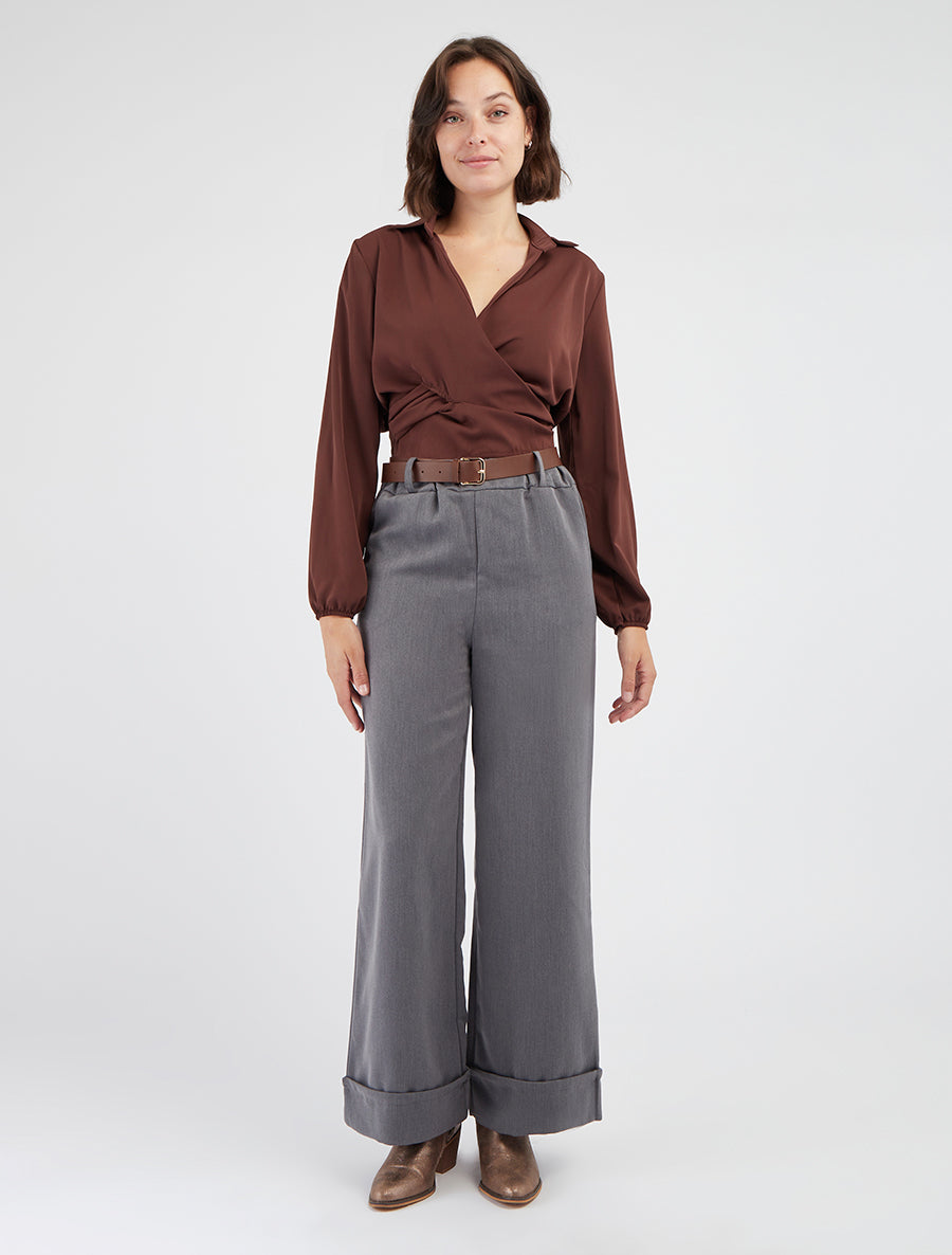 Effen en satijnen cache-coeur crop-top - Bruin