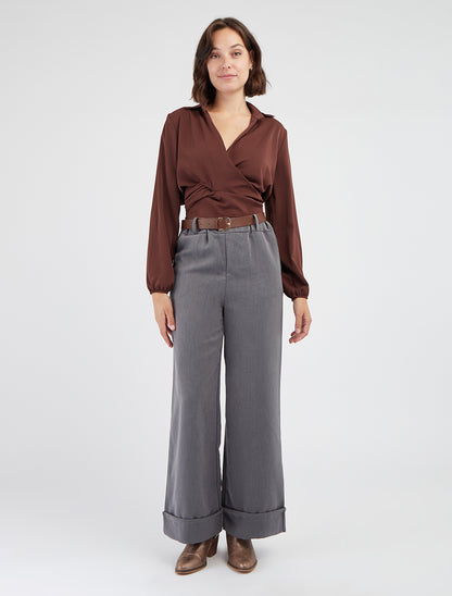 Effen en satijnen cache-coeur crop-top - Bruin