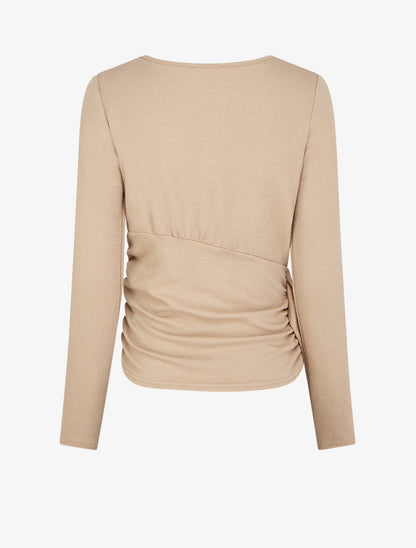 Pull fin uni à cotés froncés et pan décoratif - Beige - 2