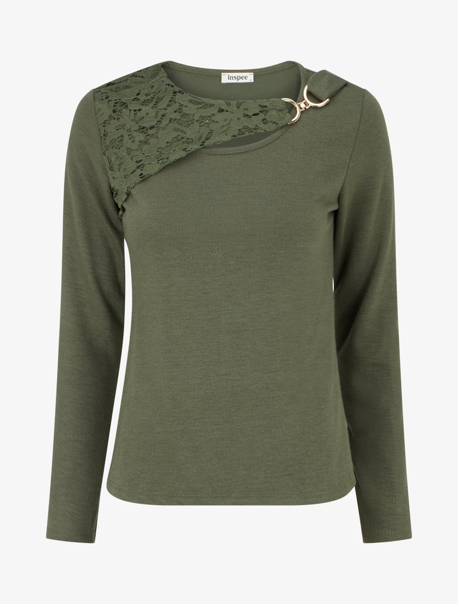 Pull à détail dentelle et empiècement métallique - Kaki - 1
