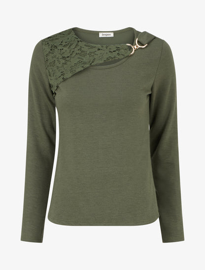 Pull à détail dentelle et empiècement métallique - Kaki - 1