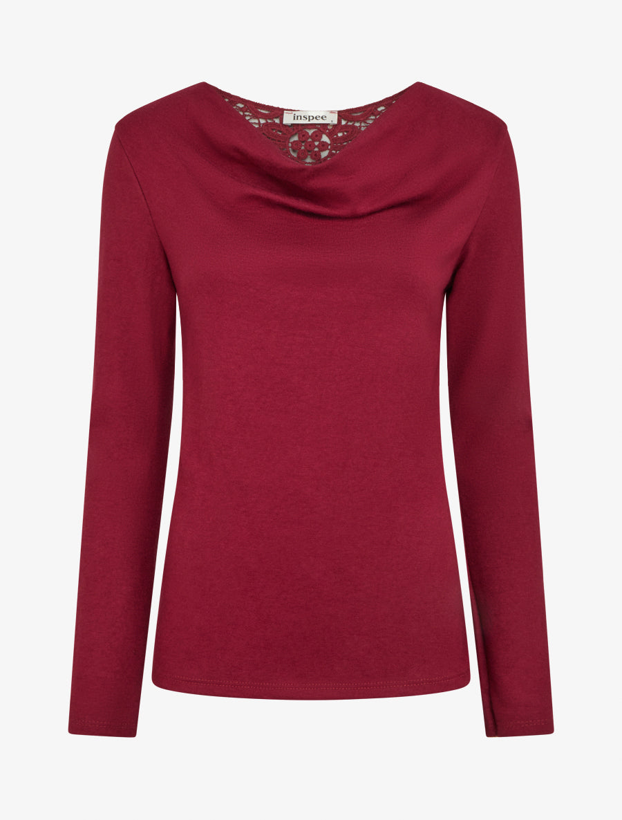 Trui met watervalhals en gehaakte achterkant - Bordeaux