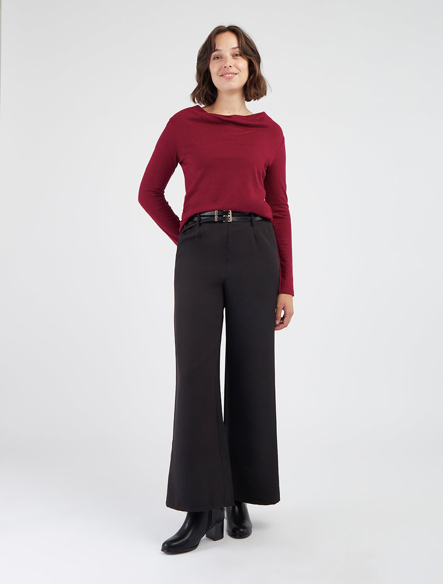 Trui met watervalhals en gehaakte achterkant - Bordeaux