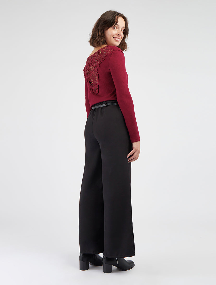 Trui met watervalhals en gehaakte achterkant - Bordeaux