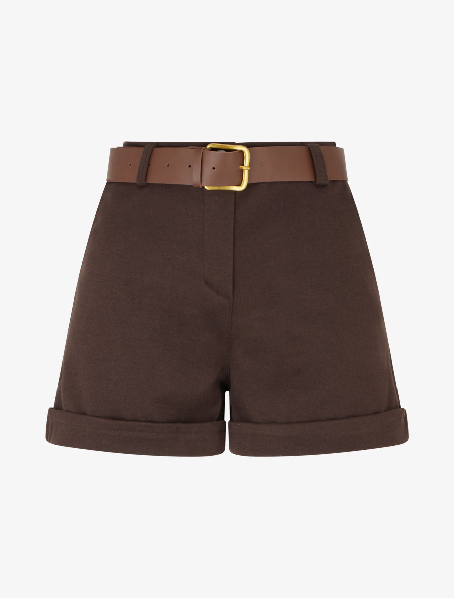 Short droit à revers et ceinture - Marron - 1