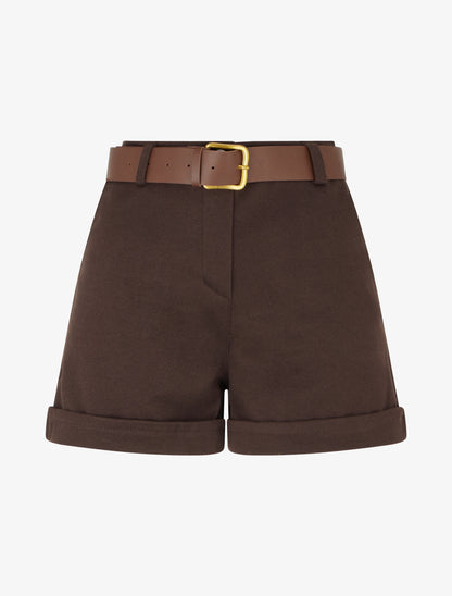Short droit à revers et ceinture - Marron - 1