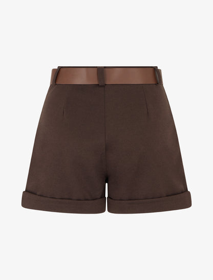 Short droit à revers et ceinture - Marron - 2