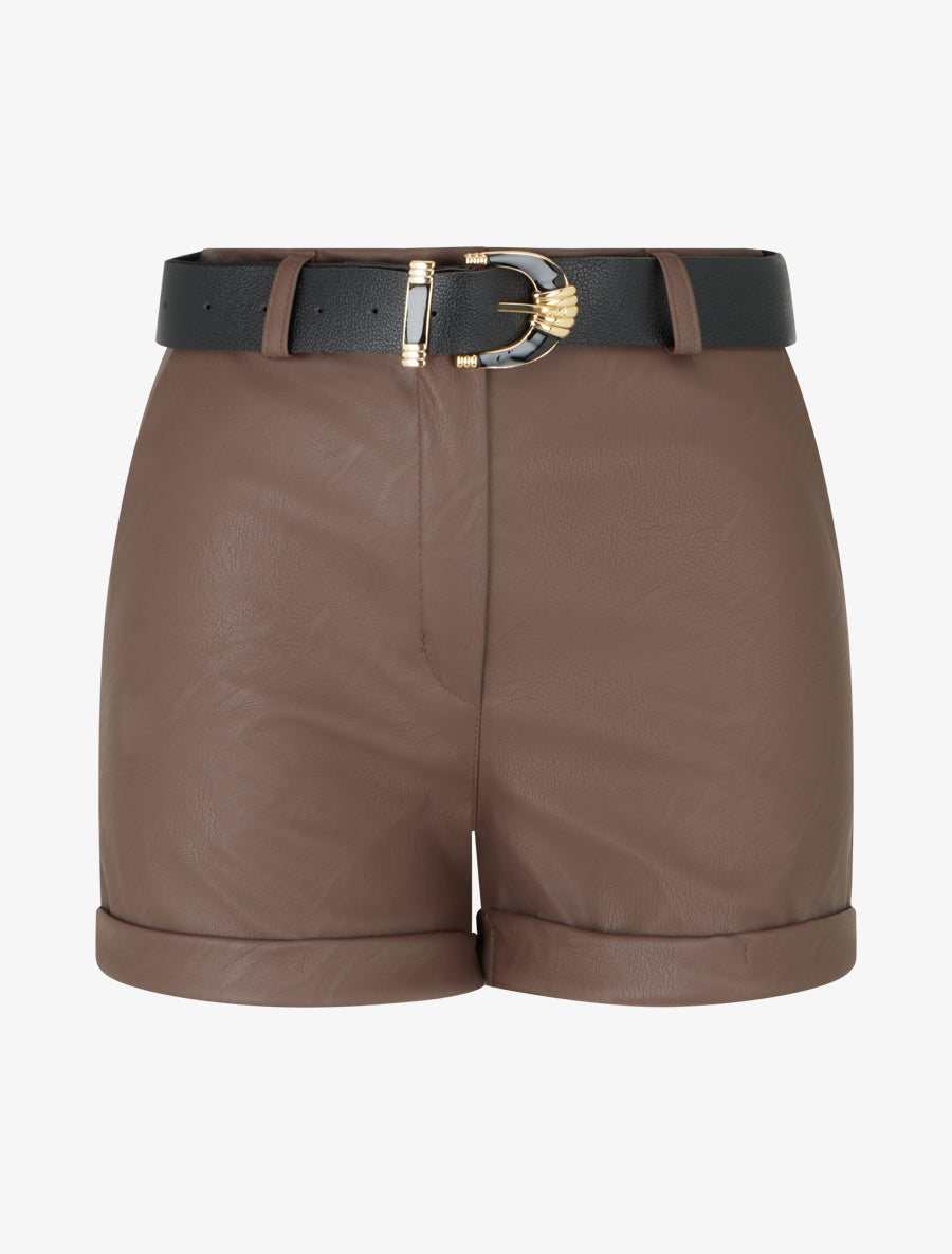 Short ceinturé à revers en simili - Marron - 1