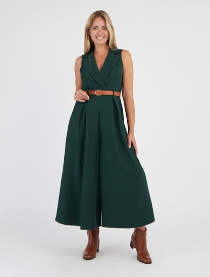 Mouwloze effen jumpsuit met ceintuur - Dennengroen