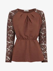 Top péplum à manches dentelle - Marron - 1