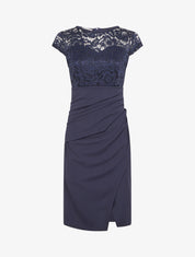 Robe droite à dentelle et drapé - Marine - 1