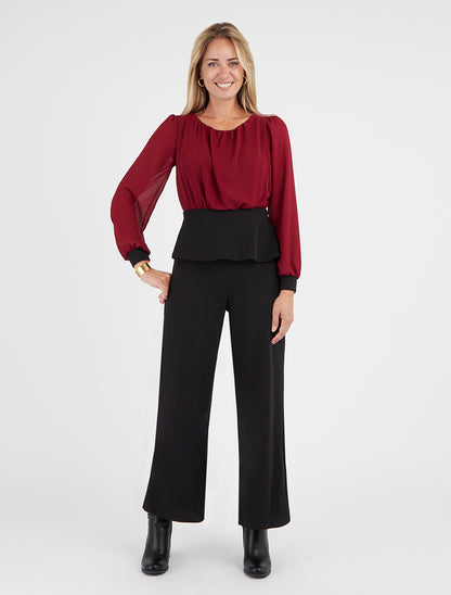 Rechte jumpsuit in peplumstijl met lange mouwen - Bordeaux