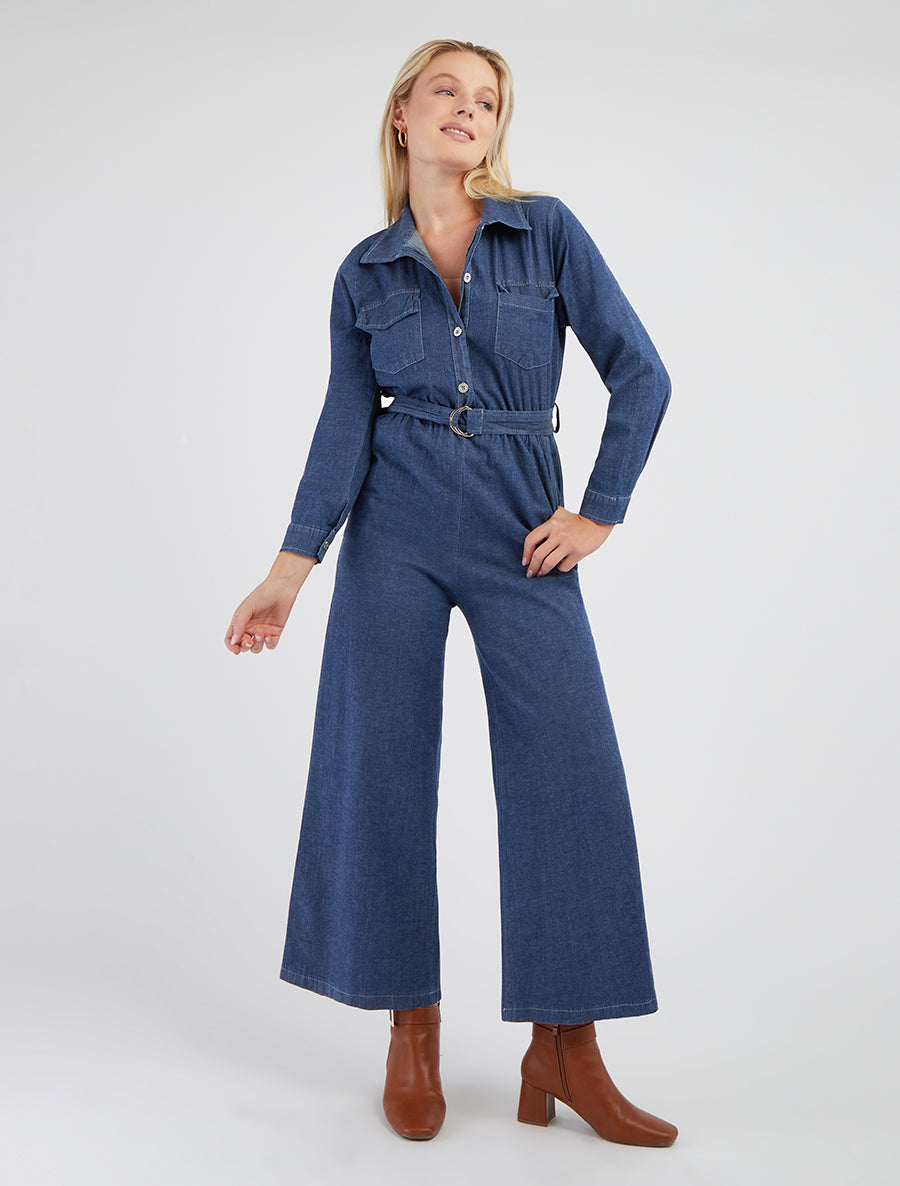 Denim jumpsuit met elastische tailleband - Blauwe denim