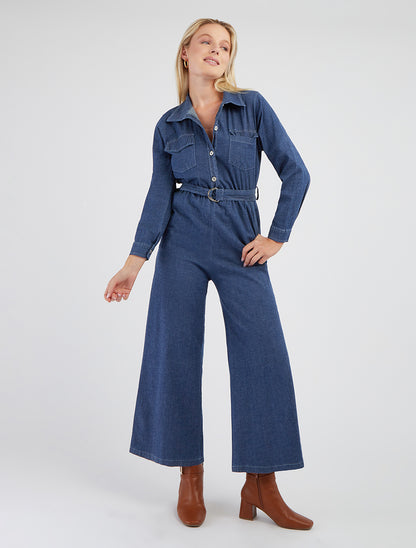 Denim jumpsuit met elastische tailleband - Blauwe denim