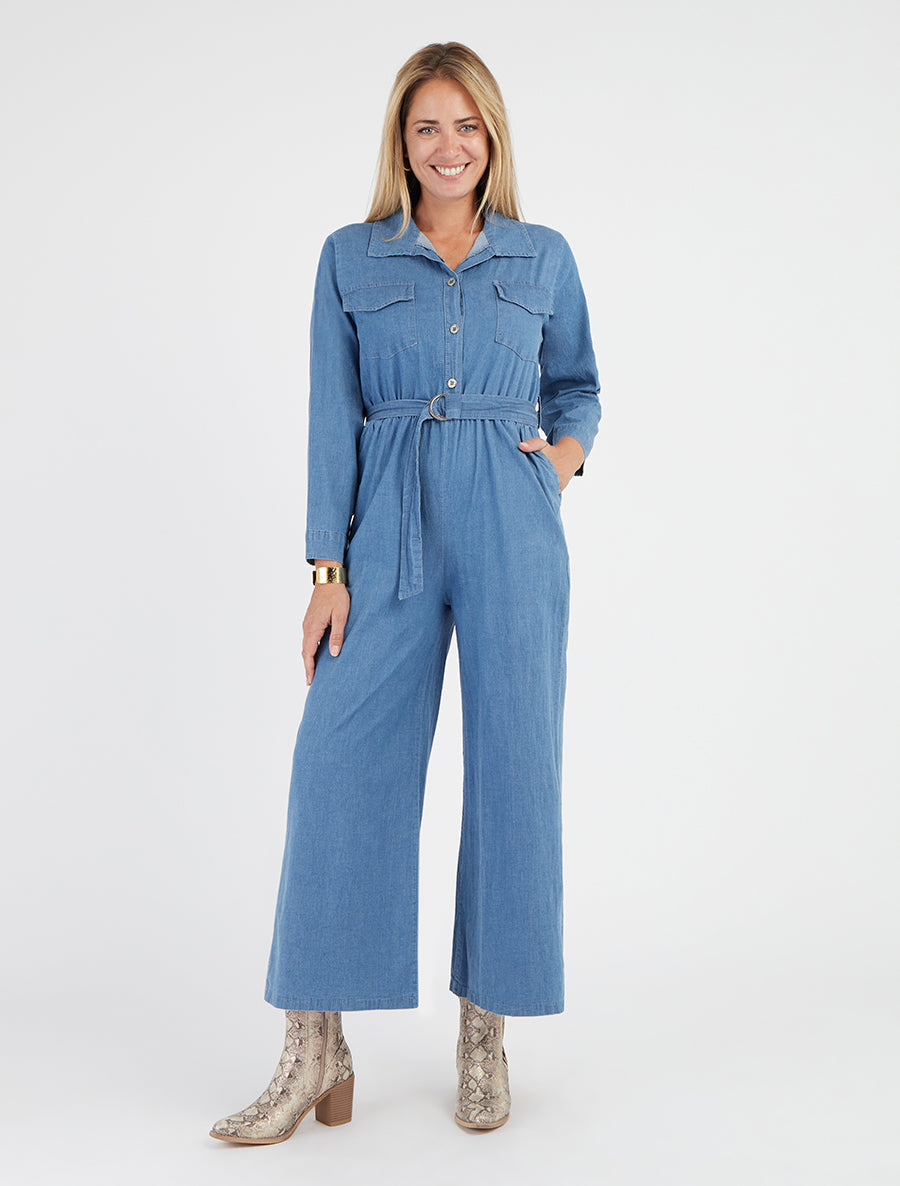 Denim jumpsuit met elastische tailleband - Lichtblauw