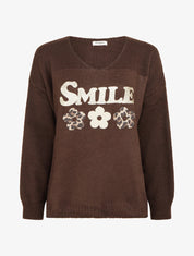 Pull uni en maille à flocage - Marron - 1