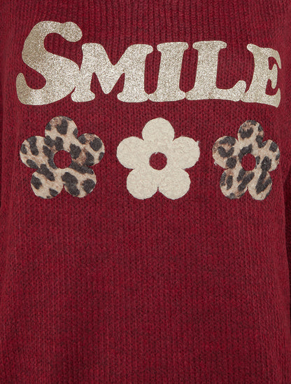 Effen gebreide trui met flockprint - Bordeaux