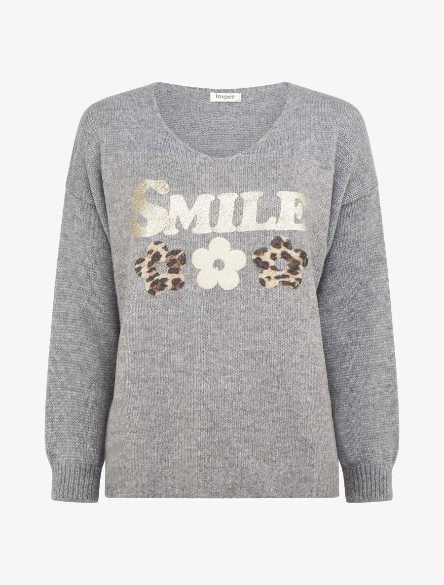 Pull uni en maille à flocage - Gris - 1