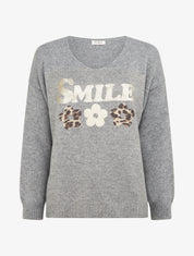 Pull uni en maille à flocage - Gris - 1