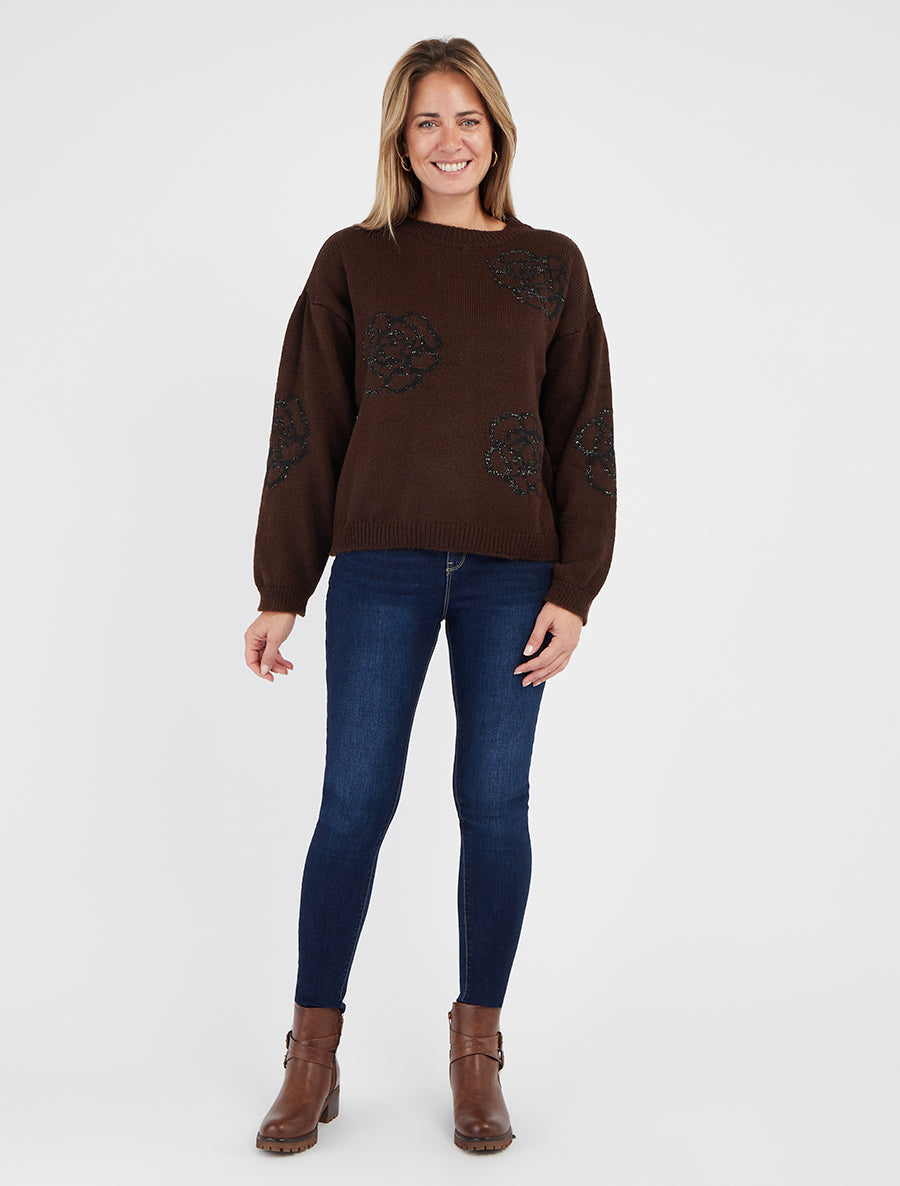 Effen trui met bloemenmotief - Bruin