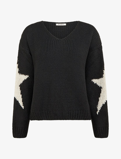 Pull en maille uni à motifs étoiles - Noir - 1