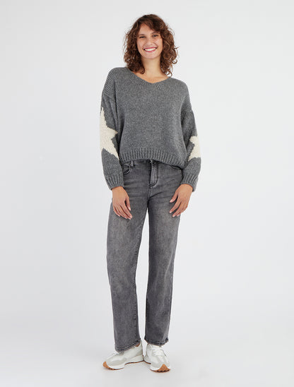 Effen gebreide trui met sterrenmotief - Grijs