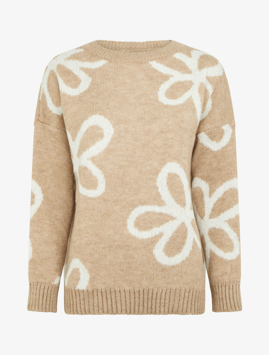 Pull droit à imprimé floral - Beige - 1