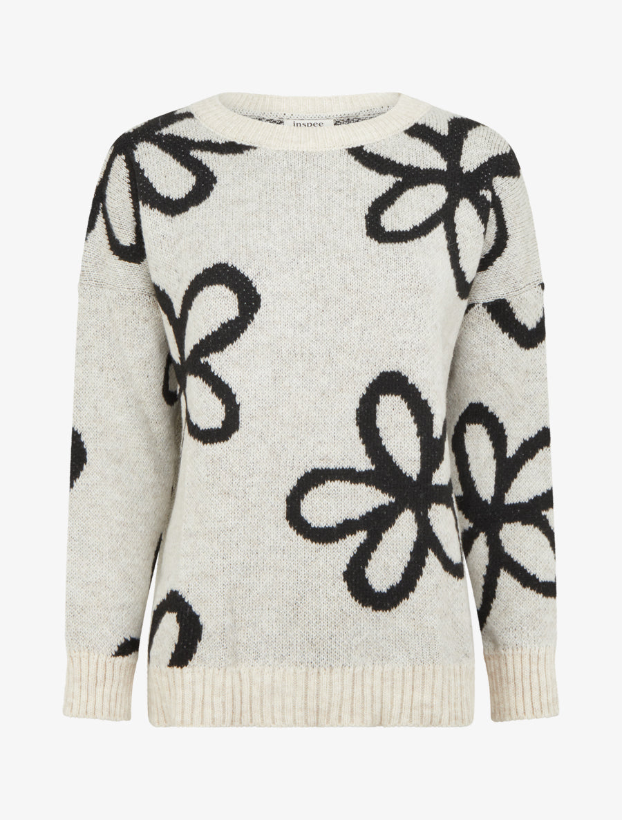 Pull droit à imprimé floral - Blanc cassé - 1