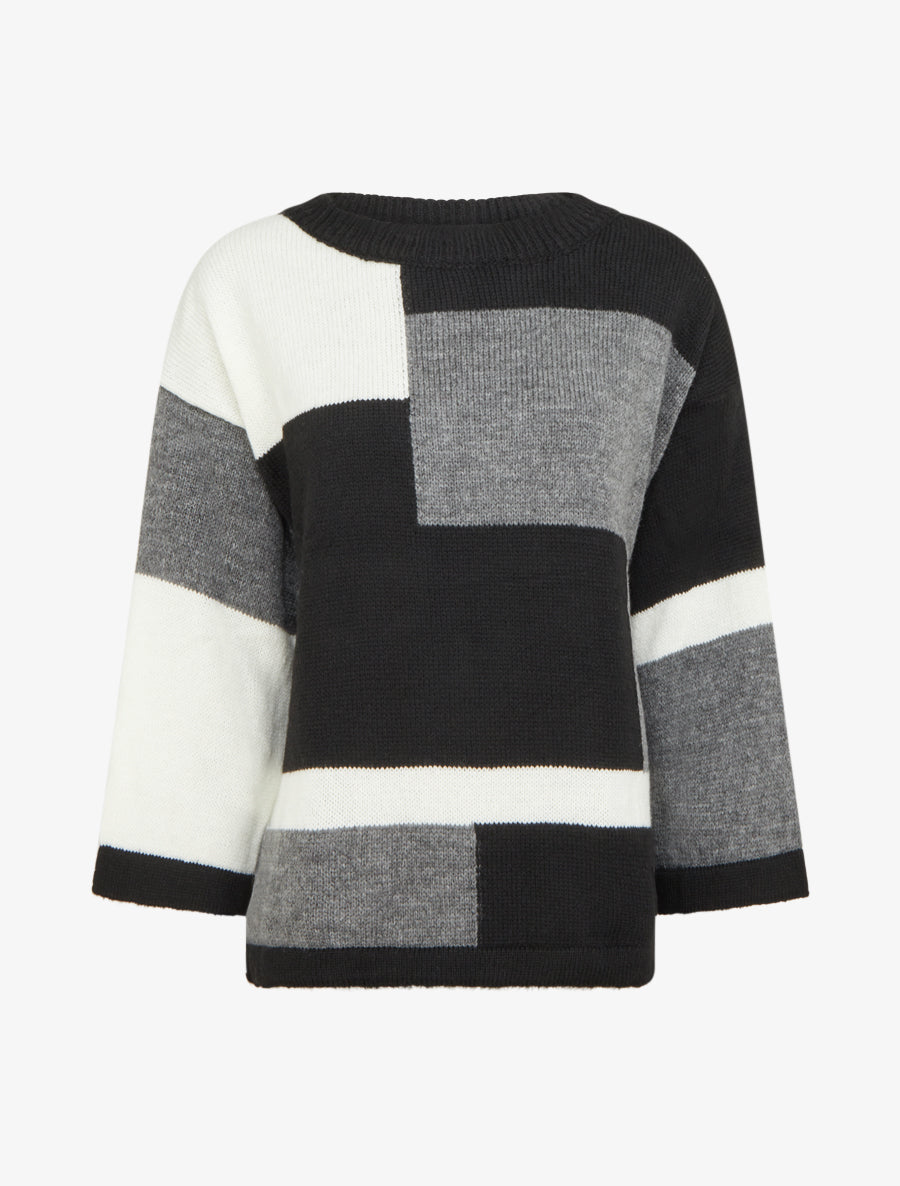 Pull color bloc en maille - Noir - 1
