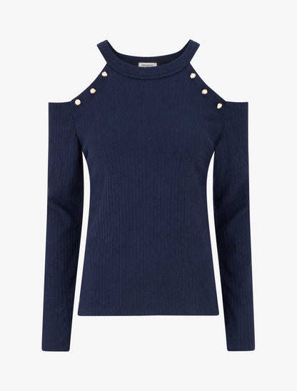 Pull côtelé à épaules dénudées - Marine - 1