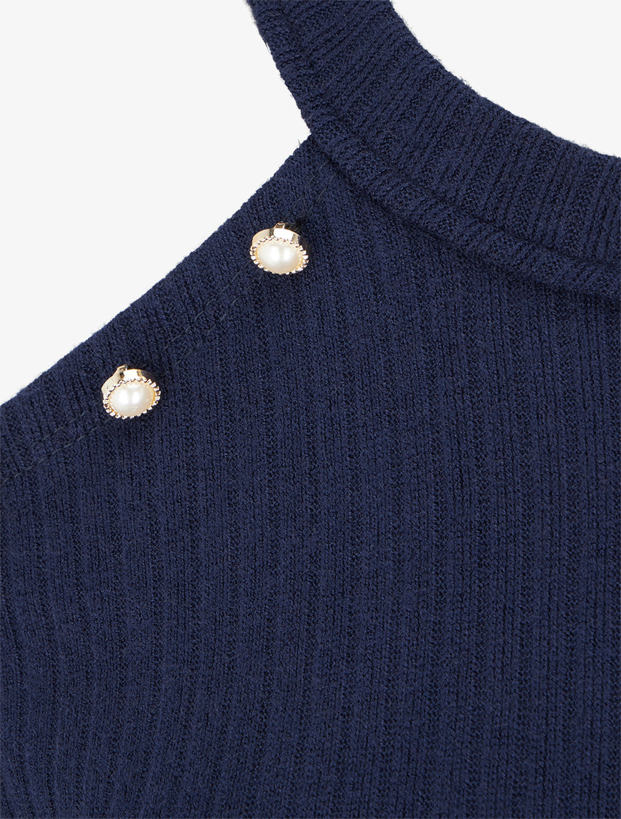 Pull côtelé à épaules dénudées - Marine - 3