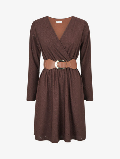 Robe evasée effet fleurs brodées - Marron - 1