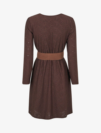 Robe evasée effet fleurs brodées - Marron - 2